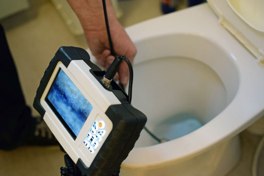 Plumber using a sewer camera inspection to detect clogs in toilet